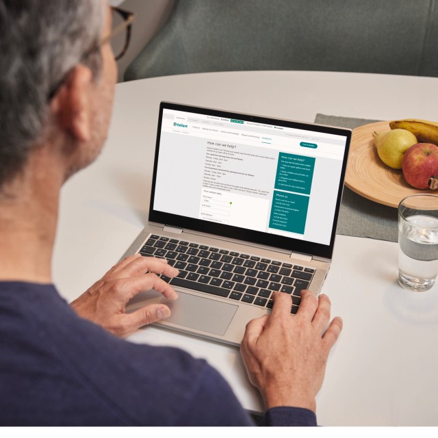 Barbat asezat in fata laptopului si navigand pe website-ul Vaillant